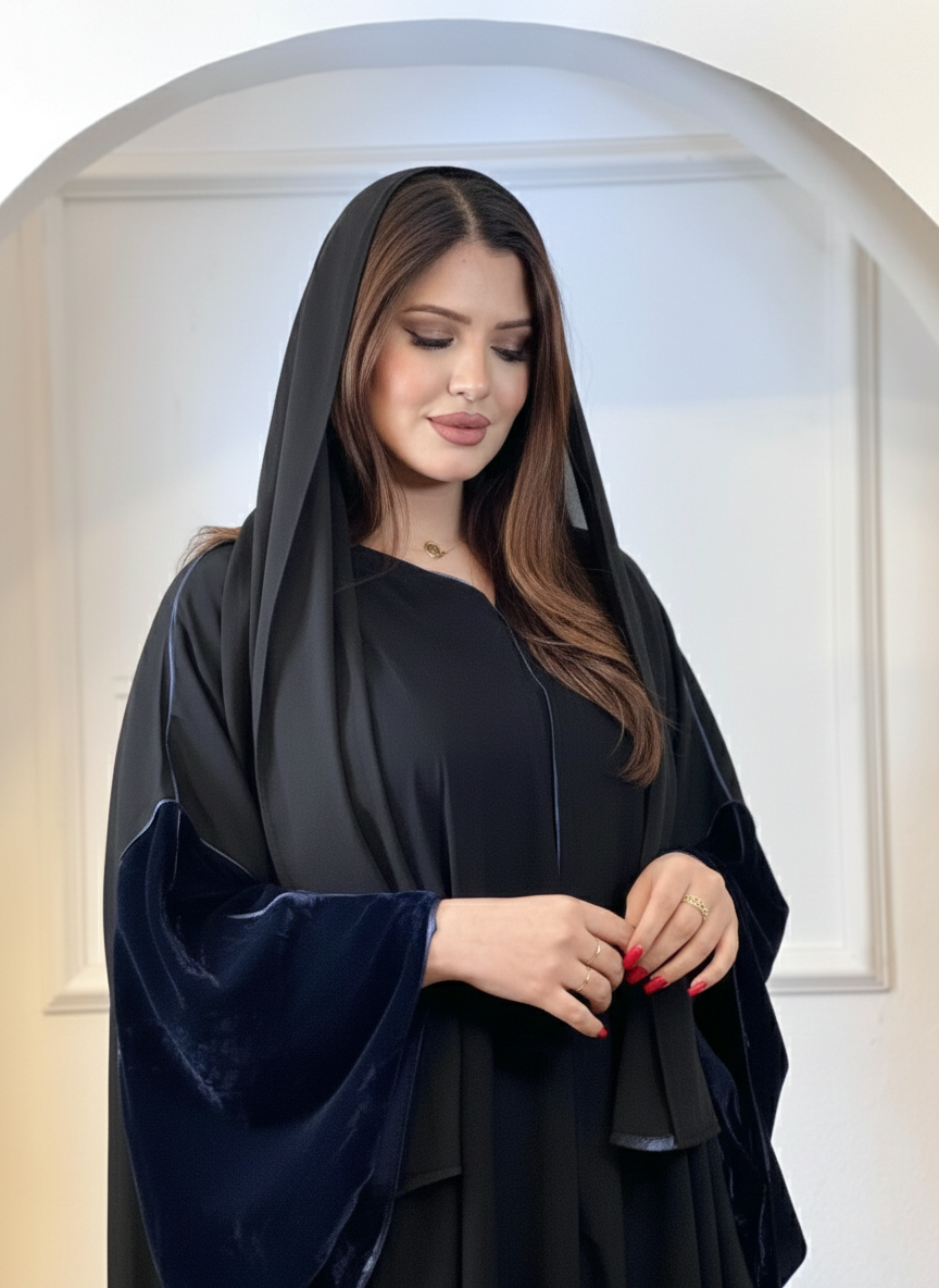 Abaya en velour de soie bleu (Taille standard)